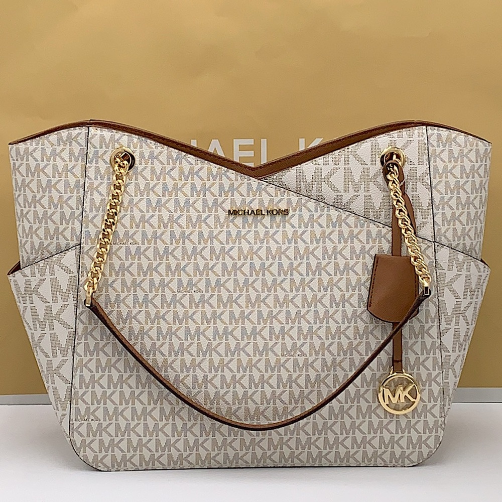 MICHAEL KORS LARGE X CHAIN SHOULDER TOTE BAG VANILLA SIGNATURE - Picture 13 of 16